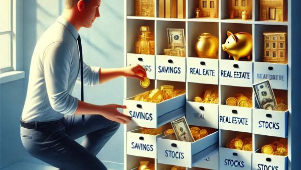 Un homme range des pièces d'or dans des boîtes étiquetées "Épargne", "Immobilier" et "Actions", symbolisant différentes options d'investissement.