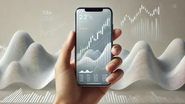 Un téléphone portable affiche un graphique boursier en hausse, symbolisant l'investissement immobilier et cryptomonnaie.