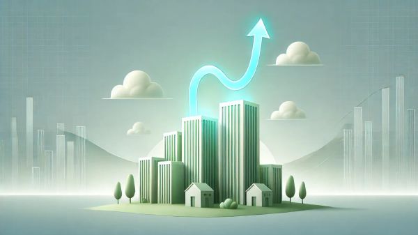 Illustration d'une ville stylisée avec une flèche montante, symbolisant la croissance des marchés émergents pour un investissement ETF en 2025.