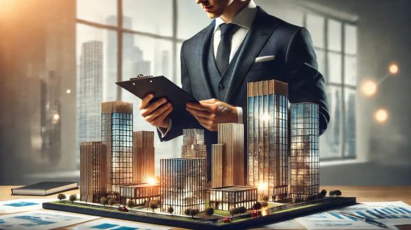 Un homme d'affaires en costume examine une maquette de bâtiments, symbolisant l'investissement en SCPI de rendement en 2025.