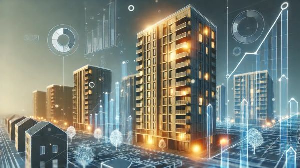 Illustration d'un quartier avec des immeubles et des maisons, agrémentée de graphiques et de données financières, symbolisant l'investissement en SCPI.