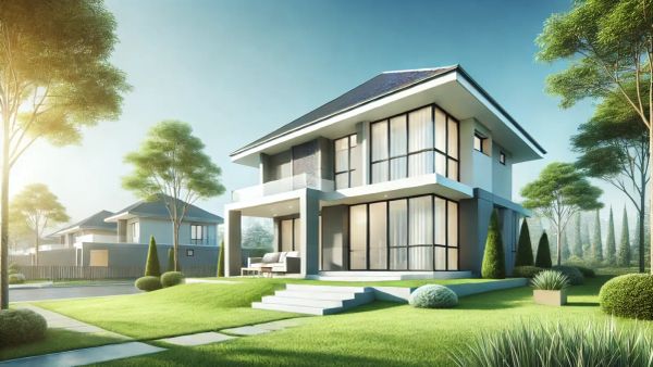 Maison moderne avec de grandes fenêtres, entourée d'un jardin verdoyant, illustrant un investissement immobilier potentiel.