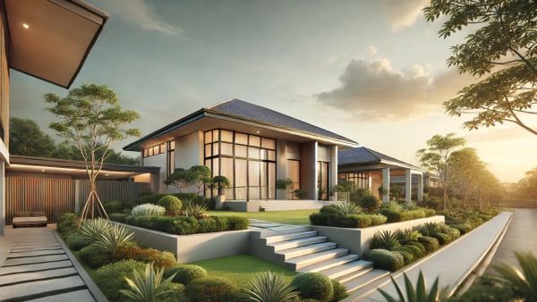 Maison moderne avec jardin paysager, illustrant les travaux d'amélioration pouvant être déductibles de la plus-value immobilière.