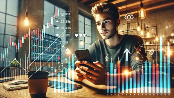 Un jeune homme analyse des graphiques boursiers sur son téléphone et son ordinateur, suggérant l'investissement en bourse.