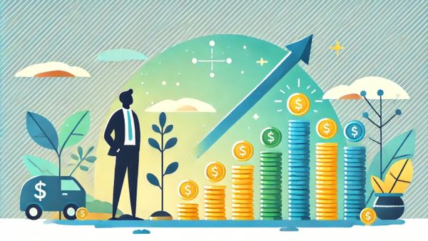 Illustration d'un homme d'affaires devant une courbe de croissance ascendante symbolisée par des piles de pièces, représentant l'investissement et la croissance financière.