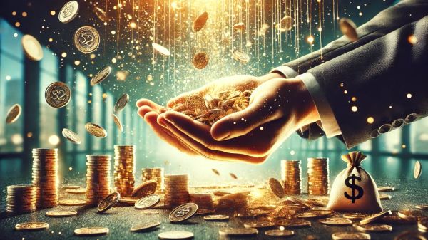 Image de pièces d'or et d'un sac d'argent, symbolisant les dividendes mensuels.