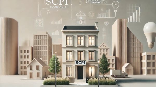 Illustration d'une SCPI dans un environnement urbain, symbolisant l'investissement immobilier et la gestion des frais.
