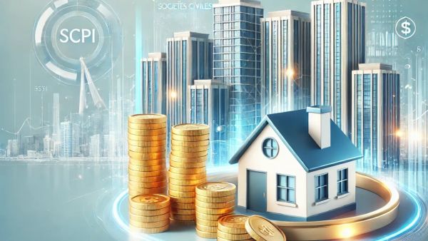 Illustration de SCPI avec des pièces d'or, une maison et des immeubles en arrière-plan, symbolisant l'investissement immobilier.