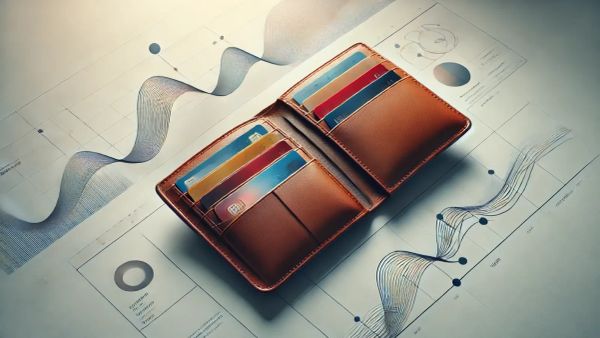 Un portefeuille en cuir ouvert rempli de cartes de crédit, posé sur un fond de graphiques financiers.