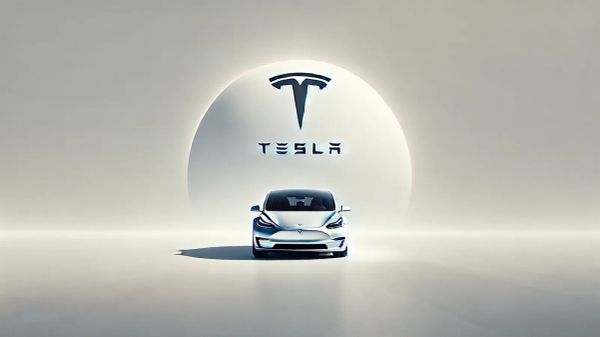 Tesla Model 3 blanche devant le logo Tesla, symbole d'innovation et de technologie propre.