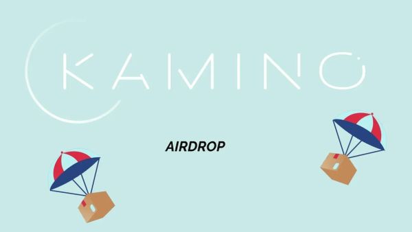 Image promotionnelle de l'airdrop Kamino avec le logo et des parachutes livrant des boîtes.