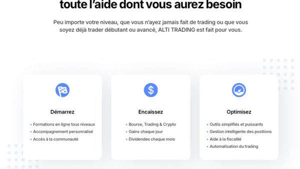 Les avantages d'Alti Trading : formations en ligne, accompagnement personnalisé, bourse, trading, crypto, gains quotidiens, outils simplifiés, gestion des positions.