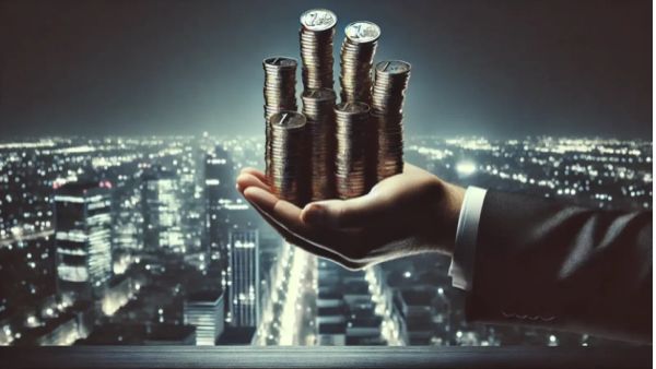 Une main tenant des piles de pièces d'un euro, symbolisant l'accumulation d'économies sur fond de paysage urbain nocturne.