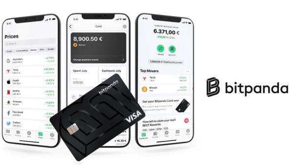 Capture d'écran de l'application Bitpanda sur un smartphone, montrant les prix des cryptomonnaies, le solde du compte et la carte Bitpanda.