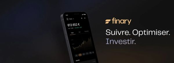 Application Finary sur un iPhone affichant un solde de 613 652 € et un graphique de performance.
