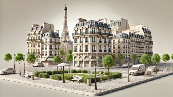 Vue miniature de Paris avec la Tour Eiffel, des bâtiments typiques, des arbres et des bancs, évoquant un investissement immobilier dans un cadre urbain.