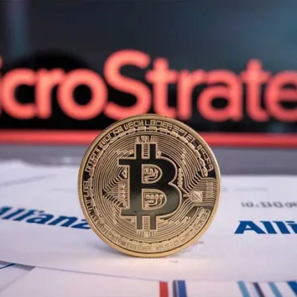 Un Bitcoin en or devant un écran affichant le logo de MicroStrategy et des documents Allianz.