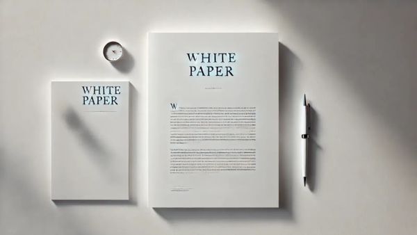 Image de deux documents 'White Paper' et un stylo sur une surface blanche, symbolisant l'importance des white papers dans le domaine de la crypto.