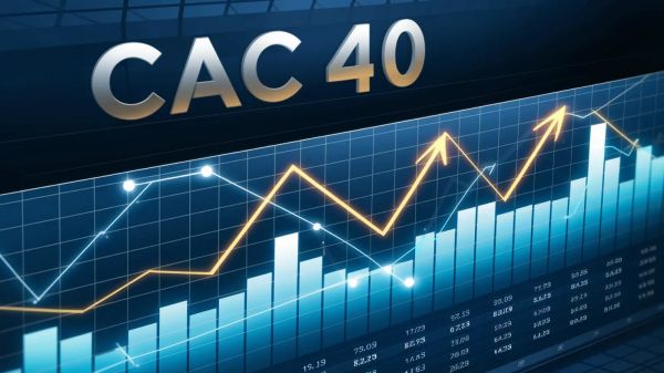 Graphique boursier illustrant la performance du CAC 40, avec une tendance haussière marquée par une flèche dorée.