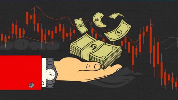 Illustration d'une main tenant une pile de billets devant un graphique boursier en chute, symbolisant les pertes financières.