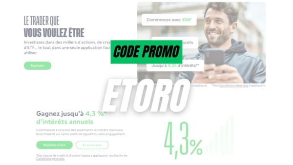 Publicité eToro avec un code promo mis en avant.