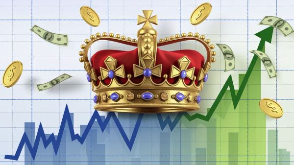 Image d'une couronne royale au-dessus d'un graphique boursier en hausse, symbolisant la stabilité et la croissance des Dividend Kings.
