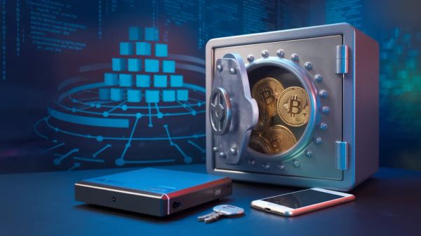 Coffre-fort ouvert rempli de Bitcoins, symbolisant la sécurité des actifs numériques en cryptomonnaie.