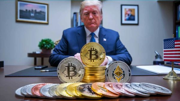 Donald Trump assis derrière un bureau avec des pièces de crypto-monnaie, dont Bitcoin et Ethereum, suggérant un investissement dans les cryptos.