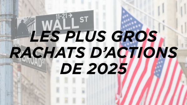 Image de Wall Street avec un drapeau américain et le texte "Les plus gros rachats d'actions de 2025".