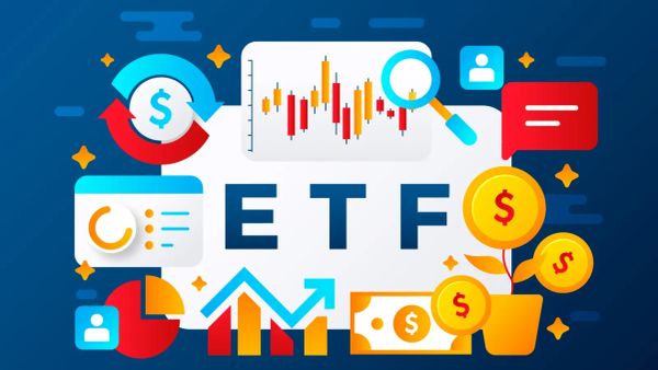 Illustration colorée représentant le concept d'ETF avec des graphiques boursiers, des pièces de monnaie et des flèches symbolisant les investissements et la croissance financière.