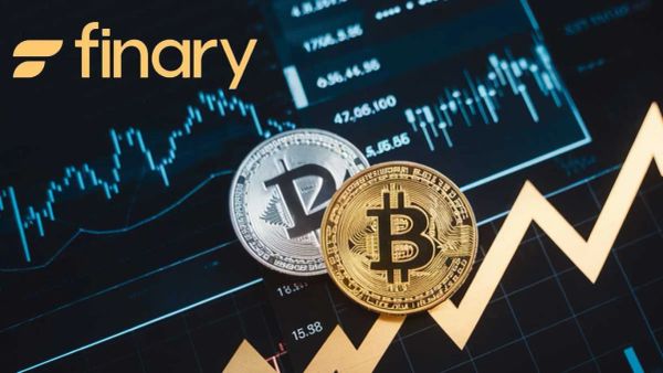 Image de Finary avec des cryptomonnaies et un graphique boursier, illustrant l'innovation financière.
