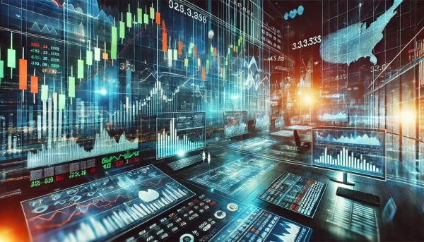 Salle de marché avec écrans affichant des graphiques boursiers et des données financières.