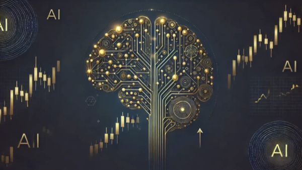 Image d'un cerveau doré stylisé avec des circuits, entouré de graphiques boursiers et du texte 'AI', symbolisant l'investissement dans l'IA.