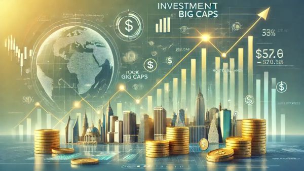 Image illustrative de l'investissement dans les grandes capitalisations boursières, avec des graphiques de croissance et des pièces d'or.