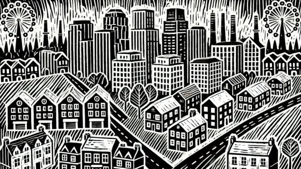 Illustration en noir et blanc d'une ville avec des gratte-ciel et des maisons, évoquant un paysage urbain et résidentiel.