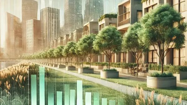 Illustration d'un quartier moderne et verdoyant avec des immeubles et des arbres, symbolisant un investissement immobilier durable et rentable.