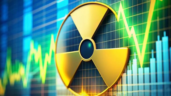 Symbole de radioactivité sur fond de graphiques boursiers, illustrant l'investissement dans l'uranium.