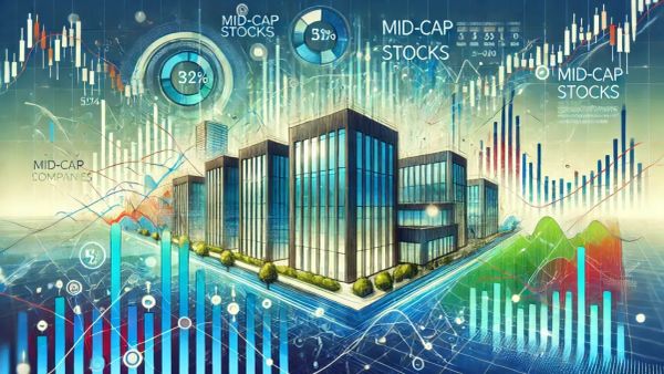 Illustration de bâtiments modernes intégrés à des graphiques boursiers, symbolisant l'investissement dans les mid-caps.