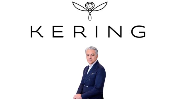 Luca de Meo sous le logo de Kering, suggérant un lien potentiel avec l'entreprise.