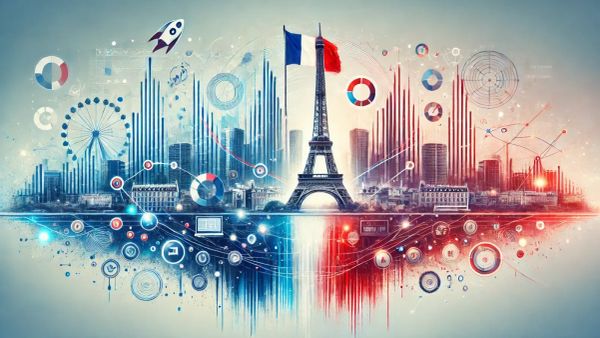 Image futuriste de Paris avec la Tour Eiffel, le drapeau français, des gratte-ciel, des graphiques et une fusée, symbolisant l'innovation et la croissance des licornes françaises.