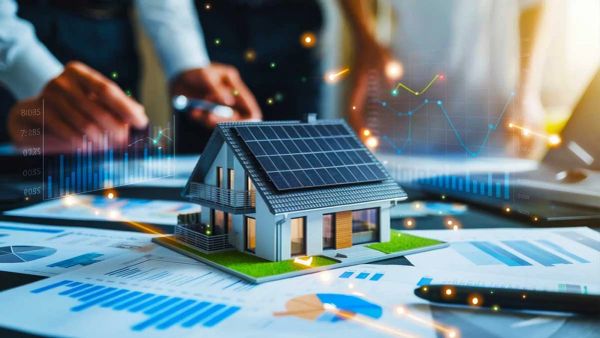 Une maquette de maison avec des panneaux solaires est entourée de graphiques et de personnes, symbolisant l'investissement immobilier et la croissance.