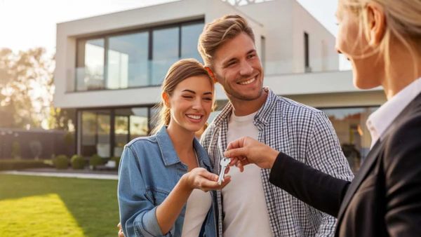 Couple heureux recevant les clés de leur nouvelle maison, symbole d'un crédit immobilier avantageux.