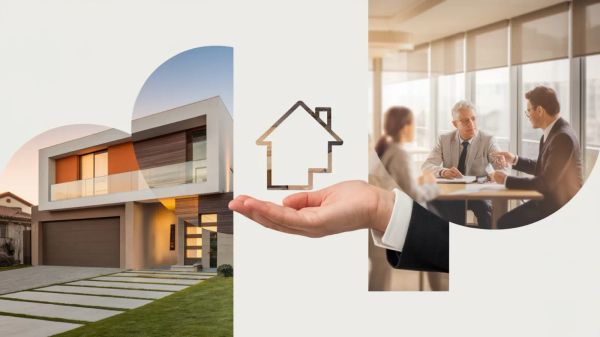 Illustration du crédit immobilier en 2025 : une maison moderne, une main tenant une icône de maison et une réunion de conseillers.