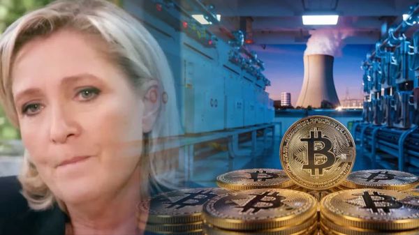 Image composite de Marine Le Pen, d'une centrale nucléaire et de pièces de Bitcoin, illustrant le potentiel du nucléaire français pour le minage de Bitcoin.