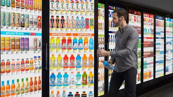 Un homme choisit une boisson dans un rayon de supermarché, illustrant l'environnement du retail media.