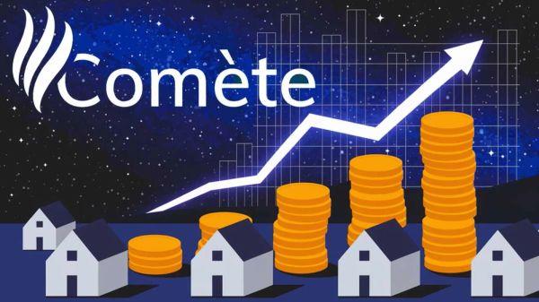 Illustration de la SCPI Comète avec des maisons, des pièces d'or et une flèche ascendante sur fond étoilé, symbolisant la croissance et le rendement.