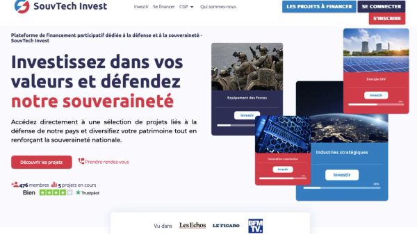 Page d'accueil de SouvTech Invest, plateforme de financement participatif pour la souveraineté nationale.