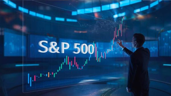 Un homme d'affaires analyse un graphique boursier du S&P 500, suggérant une possible bulle spéculative.