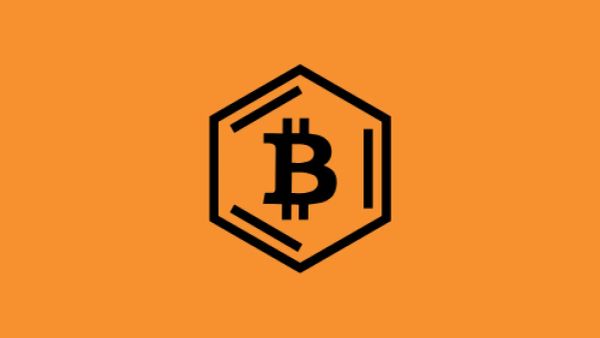 Logo Bitcoin stylisé avec un hexagone, symbolisant la technologie blockchain et la décentralisation.