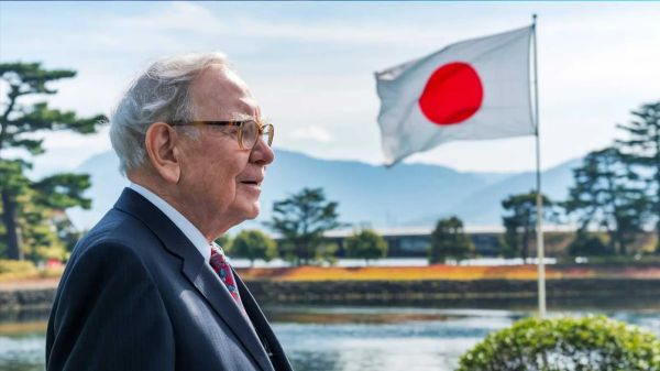 Warren Buffett au Japon devant le drapeau japonais, symbole de ses investissements stratégiques dans le pays.